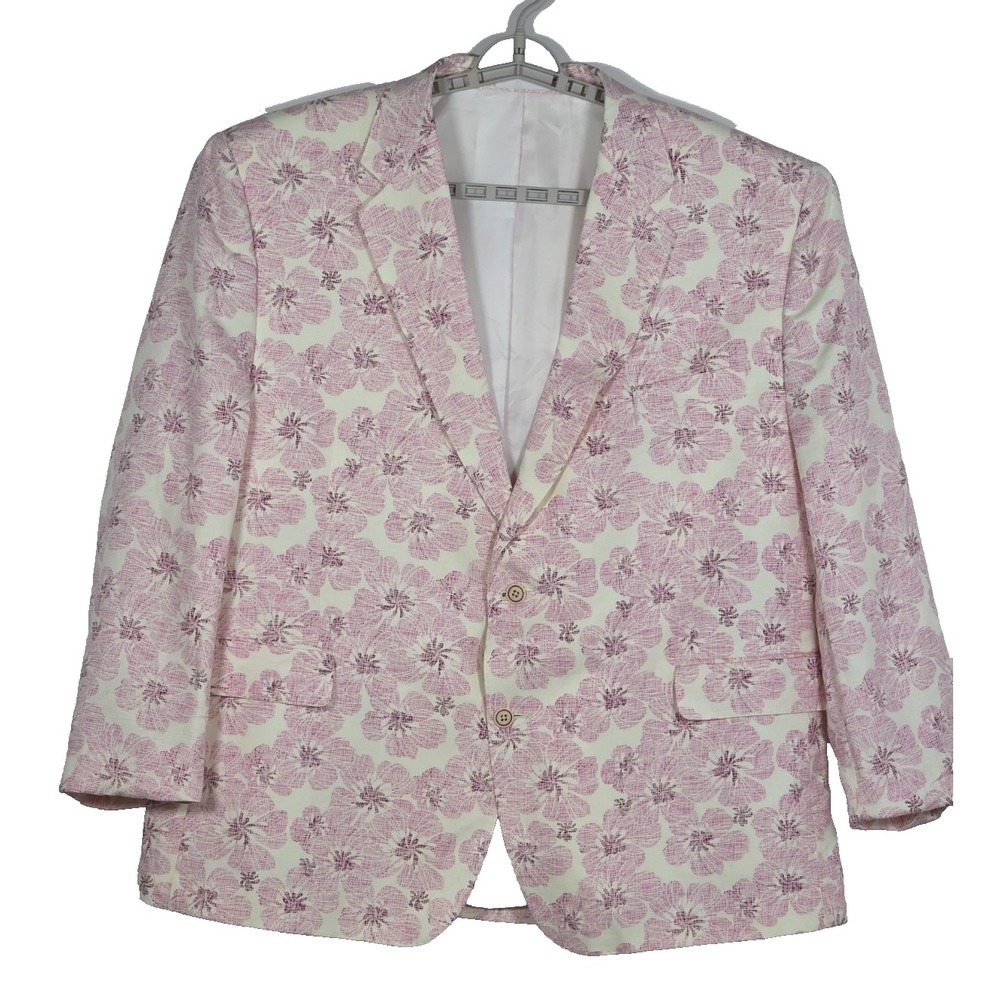 Tallia Mens Slim Fit Floral Print Linen Rayon Sport Coat White Pink 54R